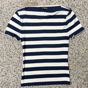 J Crew Fine Rib Fitted Boatneck T-shirt Blue White Stripe Short Sleeve XS BY387